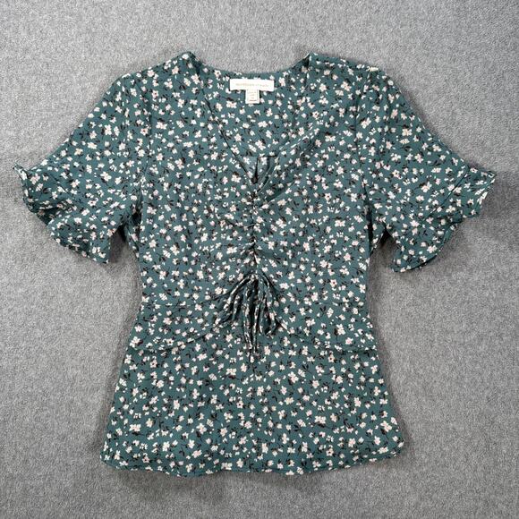 Monteau Floral V-Neck Blouse Women's Medium Blue Short Sleeve Bow Ruched - Picture 1 of 8